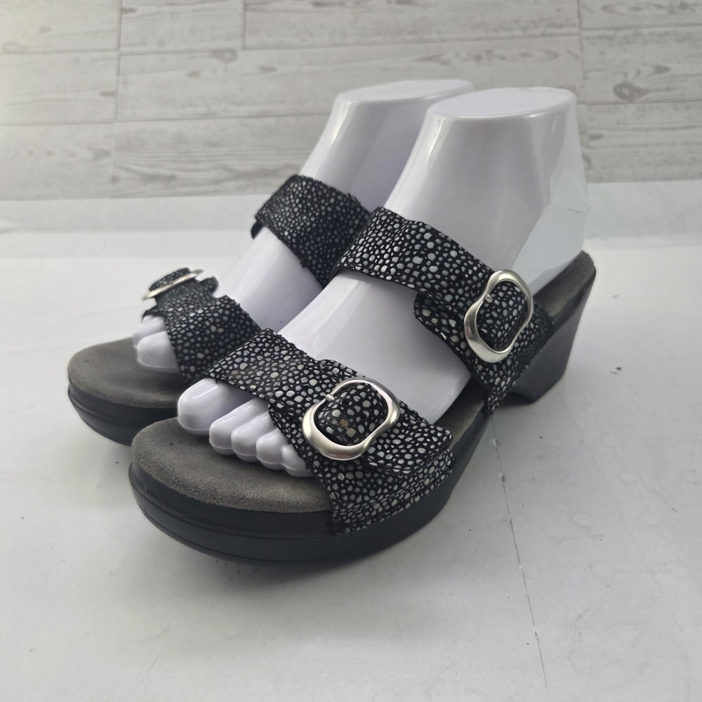 Dansko Sandals Womens 39 EU 8.5 US Black Silver Block Heel Art Teacher Lagenlook